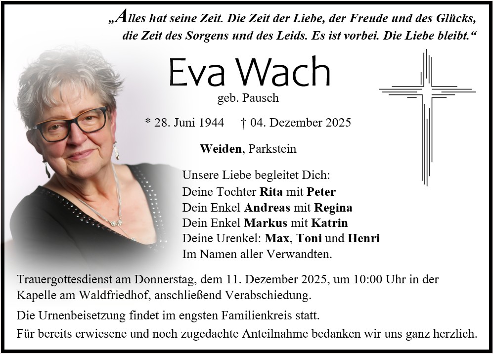 Traueranzeige Eva Wach, Weiden