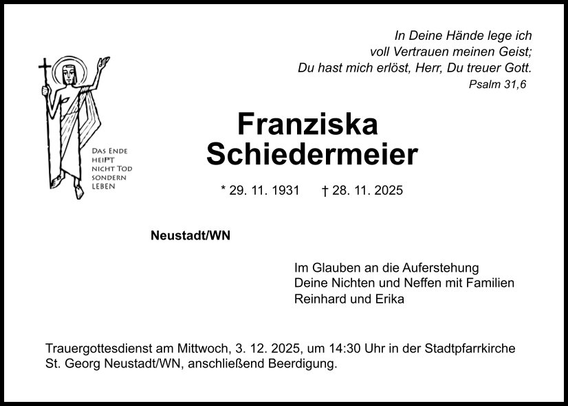 Traueranzeige Franziska Schiedermeier, Neustadt/WN