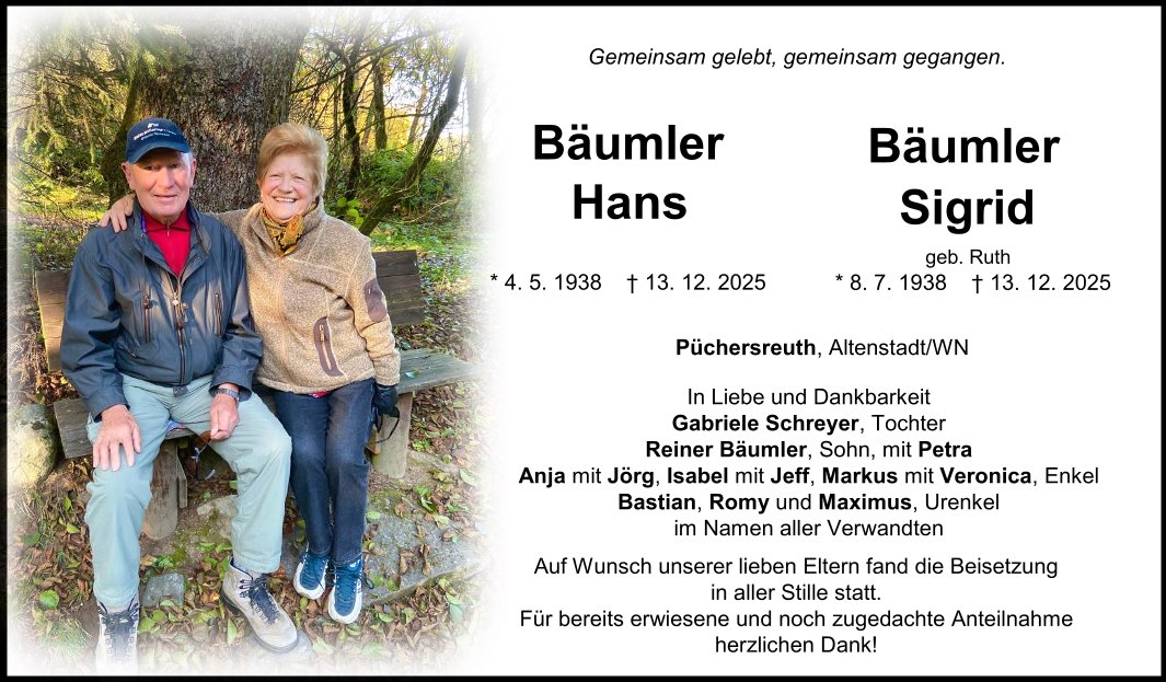 Traueranzeige Hans und Sigrid Bäumler, Püchersreuth