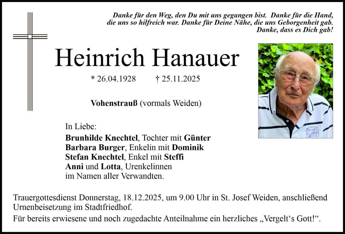 Traueranzeige Heinrich Hanauer, Vohenstrauß