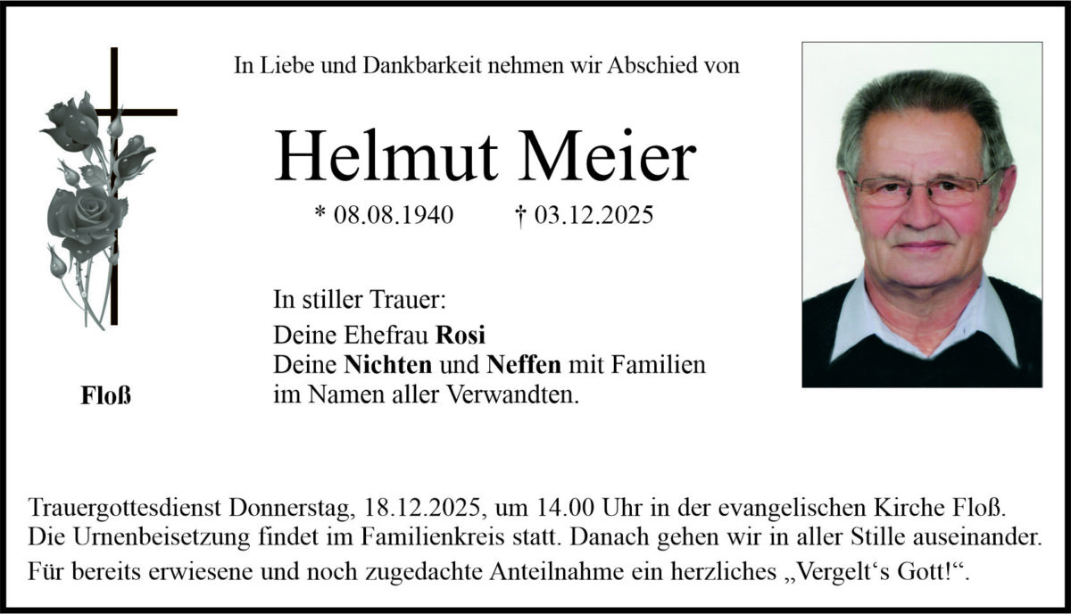 Traueranzeige Helmut Meier, Floß
