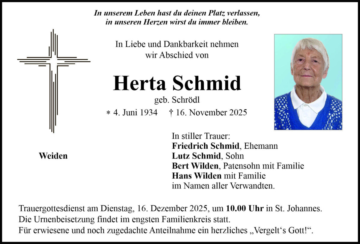 Traueranzeige Herta Schmid, Weiden