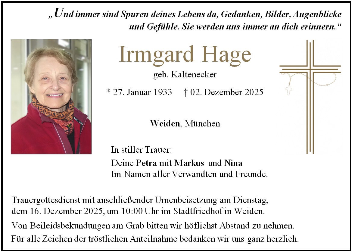 Traueranzeige Irmgard Hage, Weiden