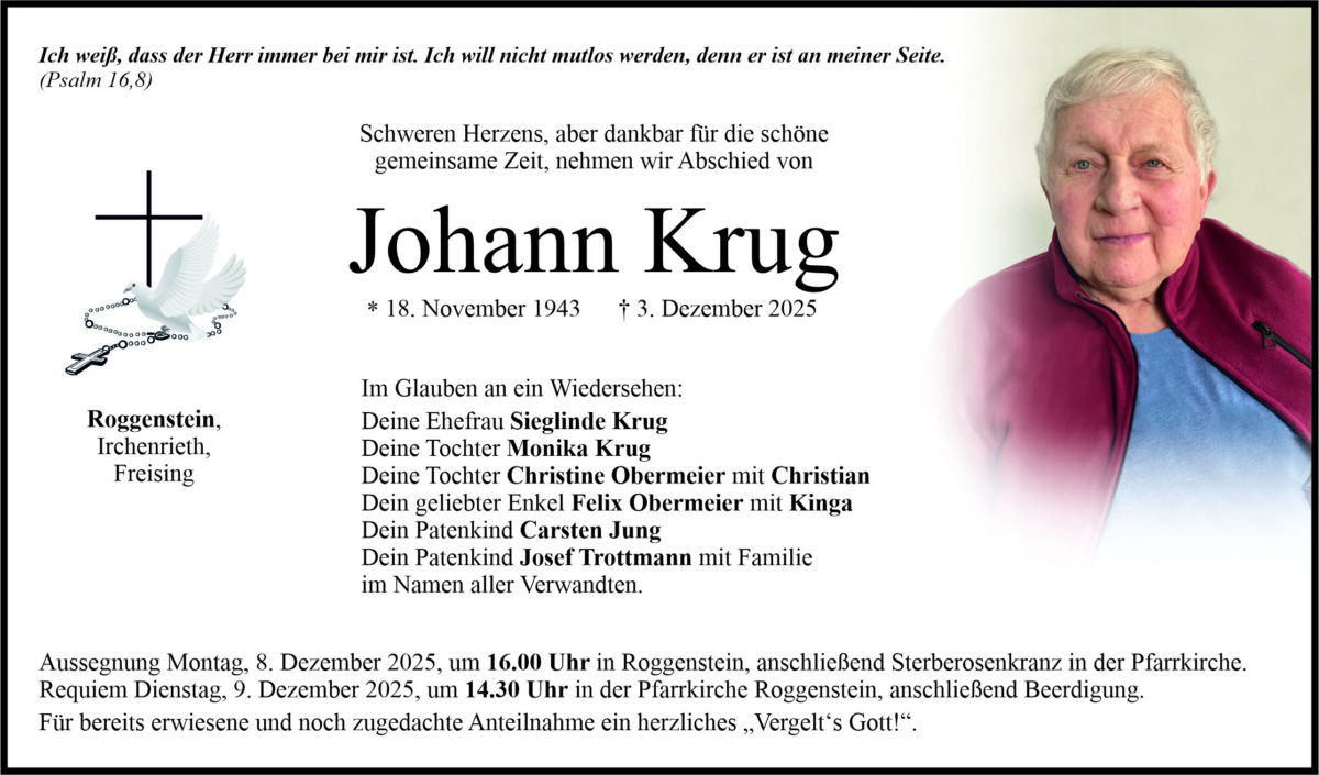 Traueranzeige Johann Krug, Roggenstein