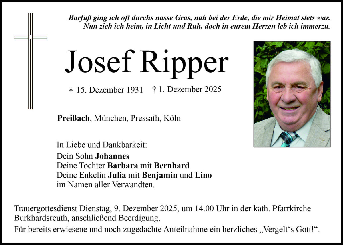 Traueranzeige Josef Ripper, Burkhardsreuth