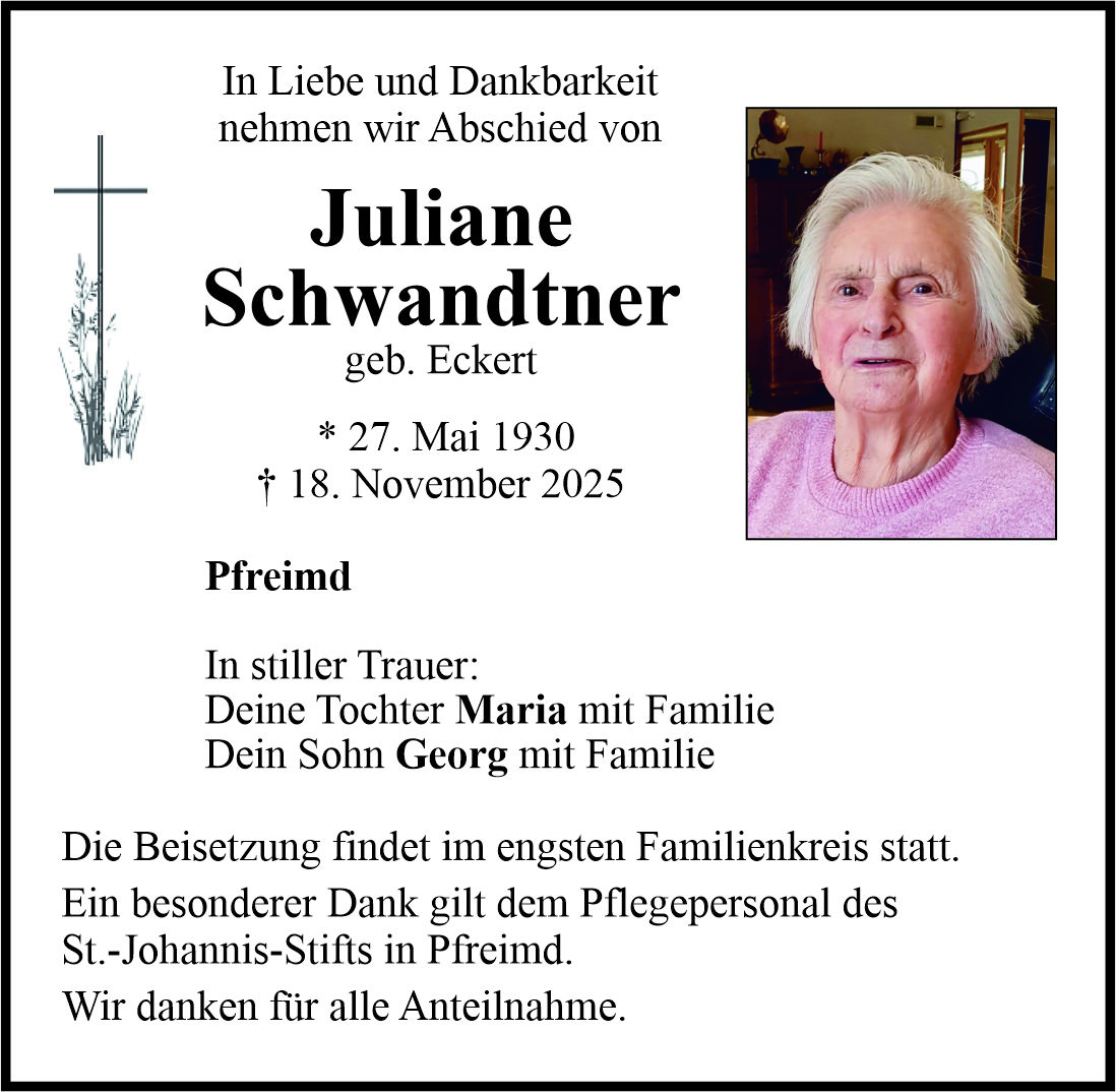 Traueranzeige Juliane Schwandtner, Pfreimd