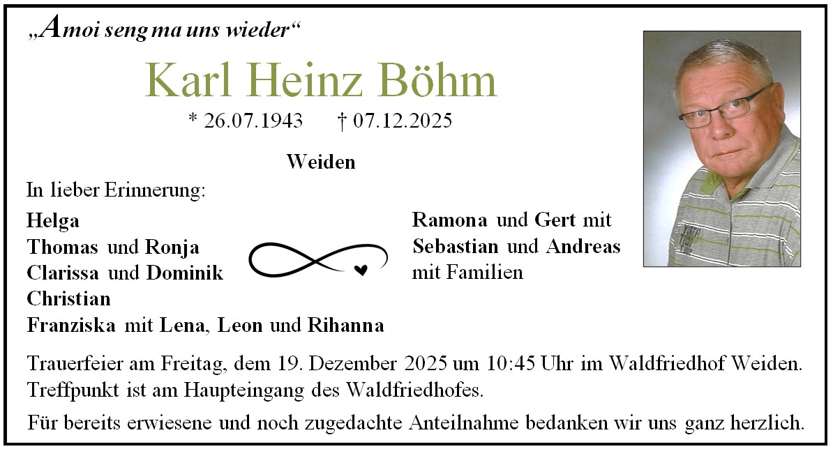 Traueranzeige Karl Heinz Böhm, Weiden