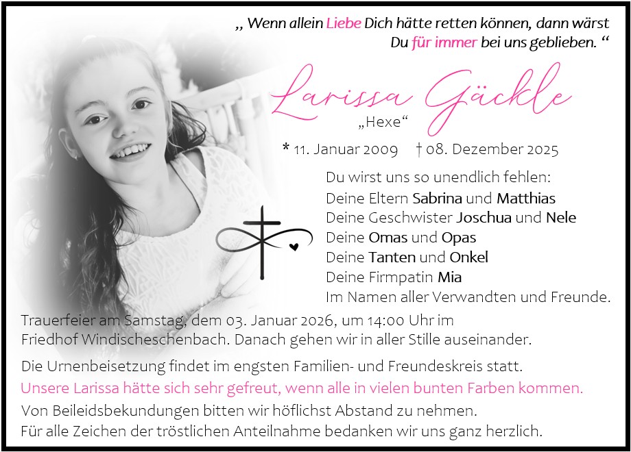 Traueranzeige Larissa Gäckle, Windischeschenbach