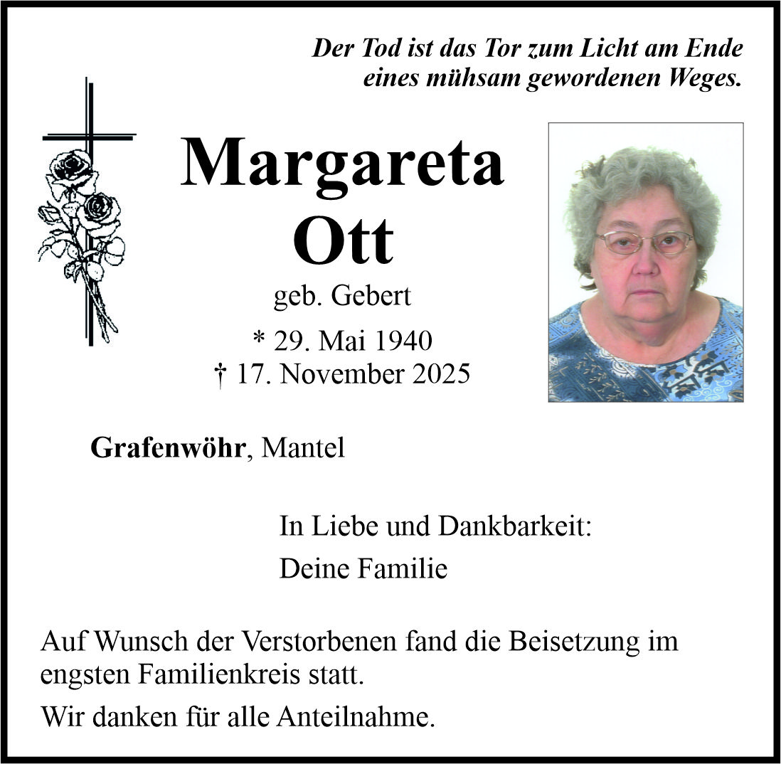 Traueranzeige Margareta Ott, Grafenwöhr