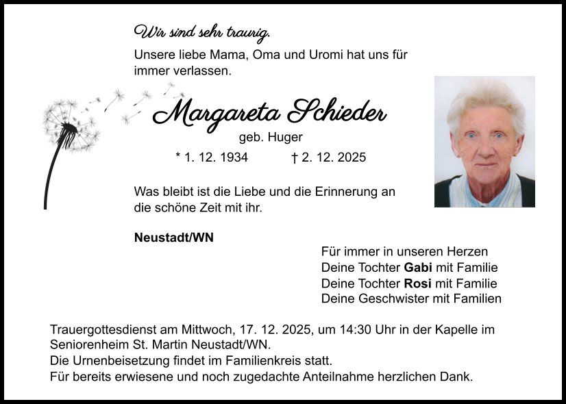 Traueranzeige Margareta Schieder, Neustadt/WN