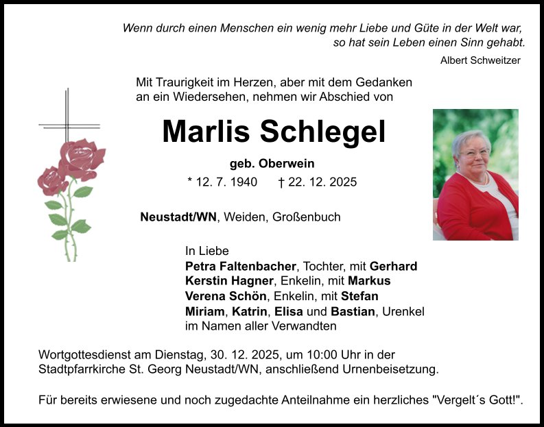 Traueranzeige Marlis Schlegel, Neustadt/WN