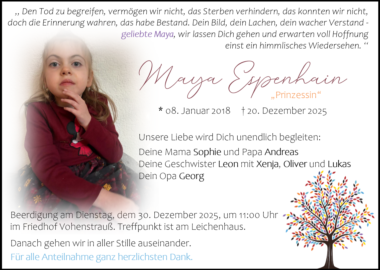 Traueranzeige Maya Espenhain, Vohenstrauß