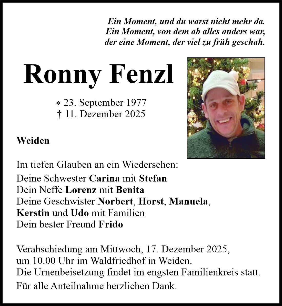Traueranzeige Ronny Fenzl, Weiden