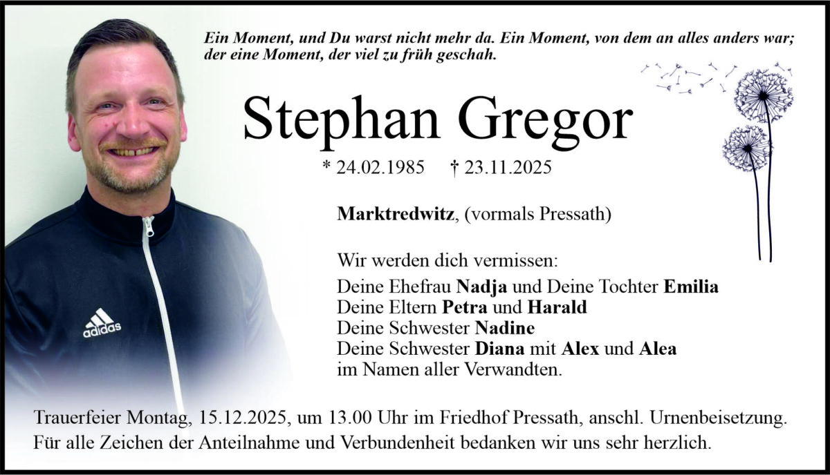 Traueranzeige Stephan Gregor, Marktredwitz