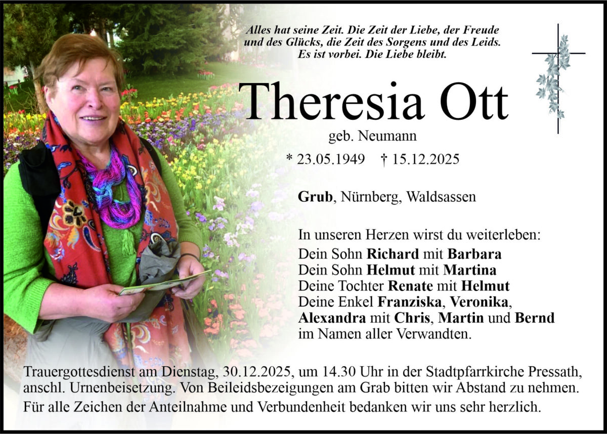 Traueranzeige Theresia Ott, Weiden