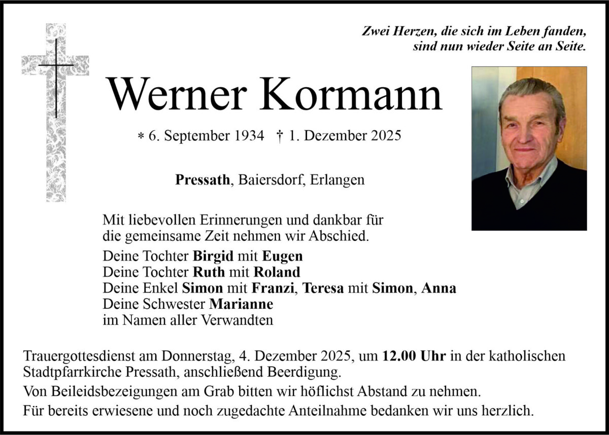Traueranzeige Werner Kormann, Pressath