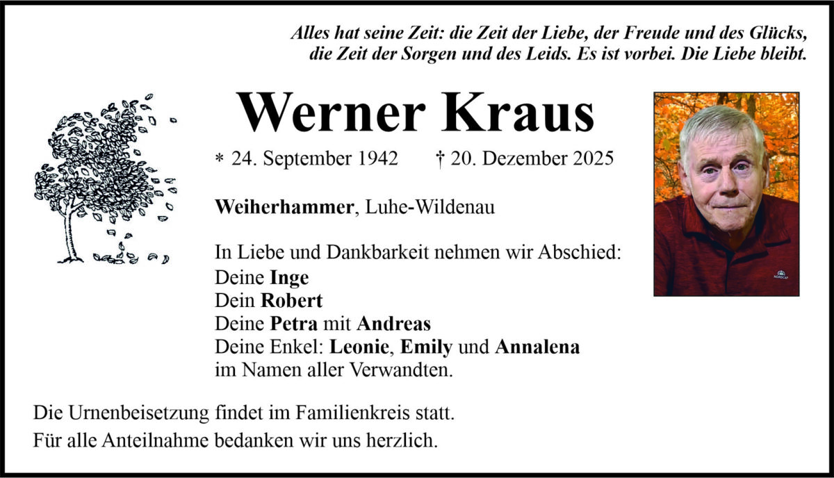 Traueranzeige Werner Kraus, Weiherhammer