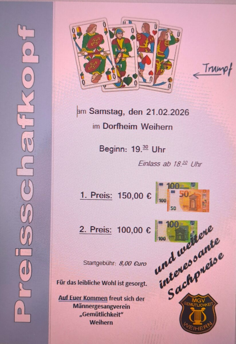 Preisschafkopf im Weiherner Dorfheim