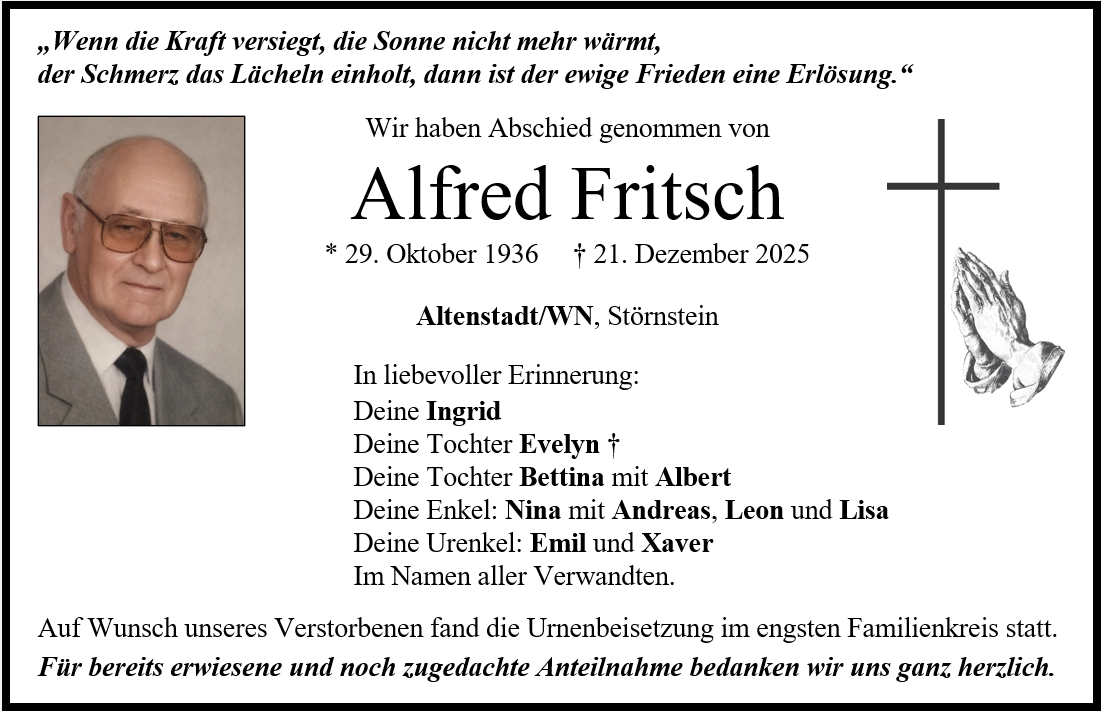Traueranzeige Alfred Fritsch, Altenstadt/WN