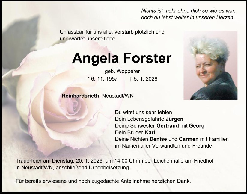 Traueranzeige Angela Forster, Reinhardsrieth