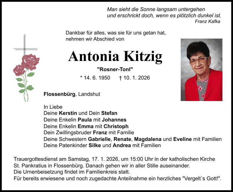 Traueranzeige Antonia Kitzig, Flossenbürg