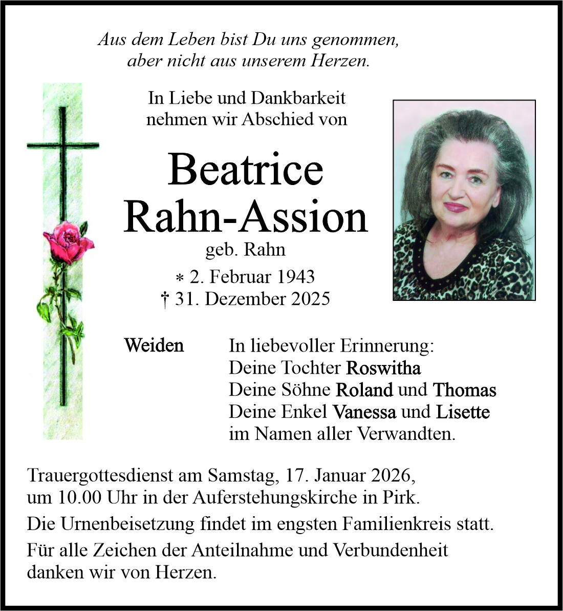 Traueranzeige Beatrice Rahn-Assion, Weiden
