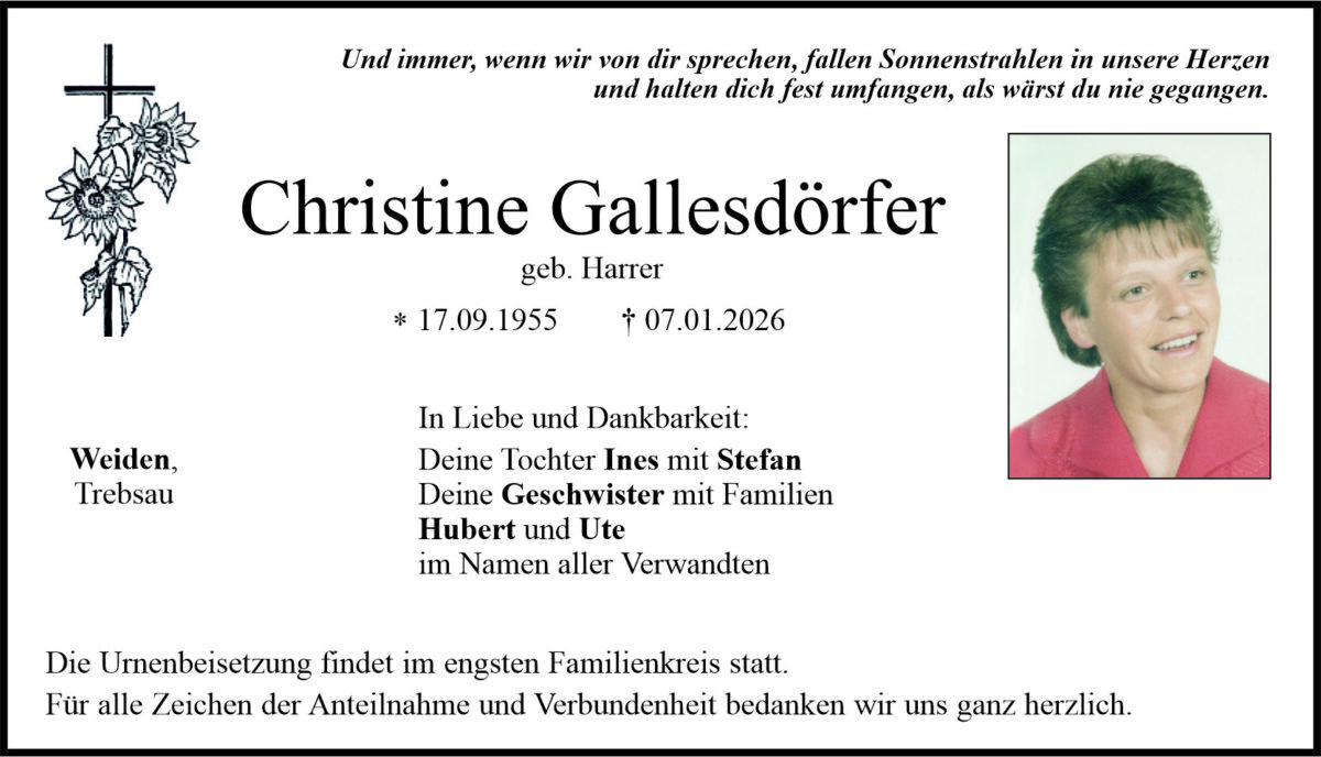 Traueranzeige Christine Gallesdörfer, Weiden