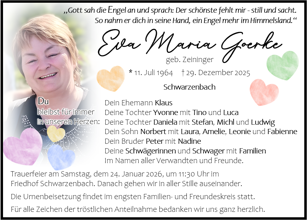 Traueranzeige Eva Maria Goerke, Schwarzenbach