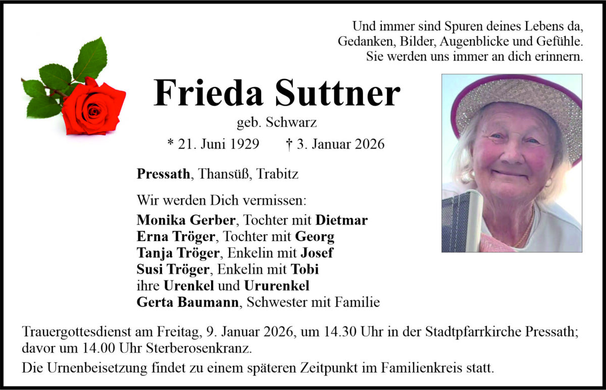 Traueranzeige Frieda Suttner, Pressath