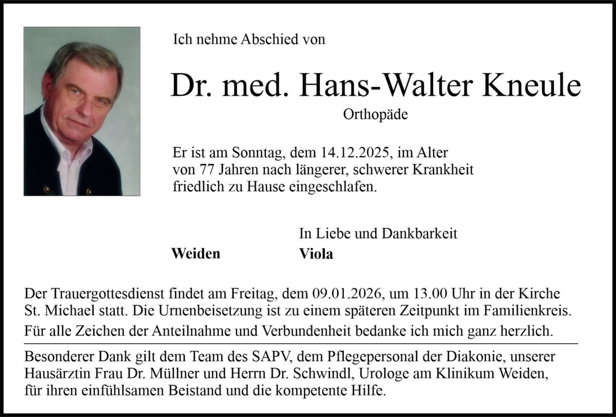 Traueranzeige Hans-Walter Kneule, Weiden