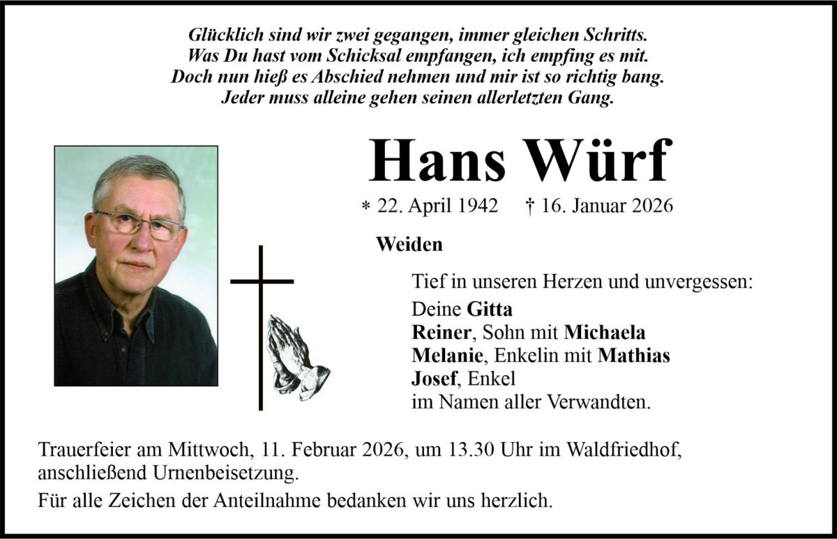 Traueranzeige Hans Würf, Weiden