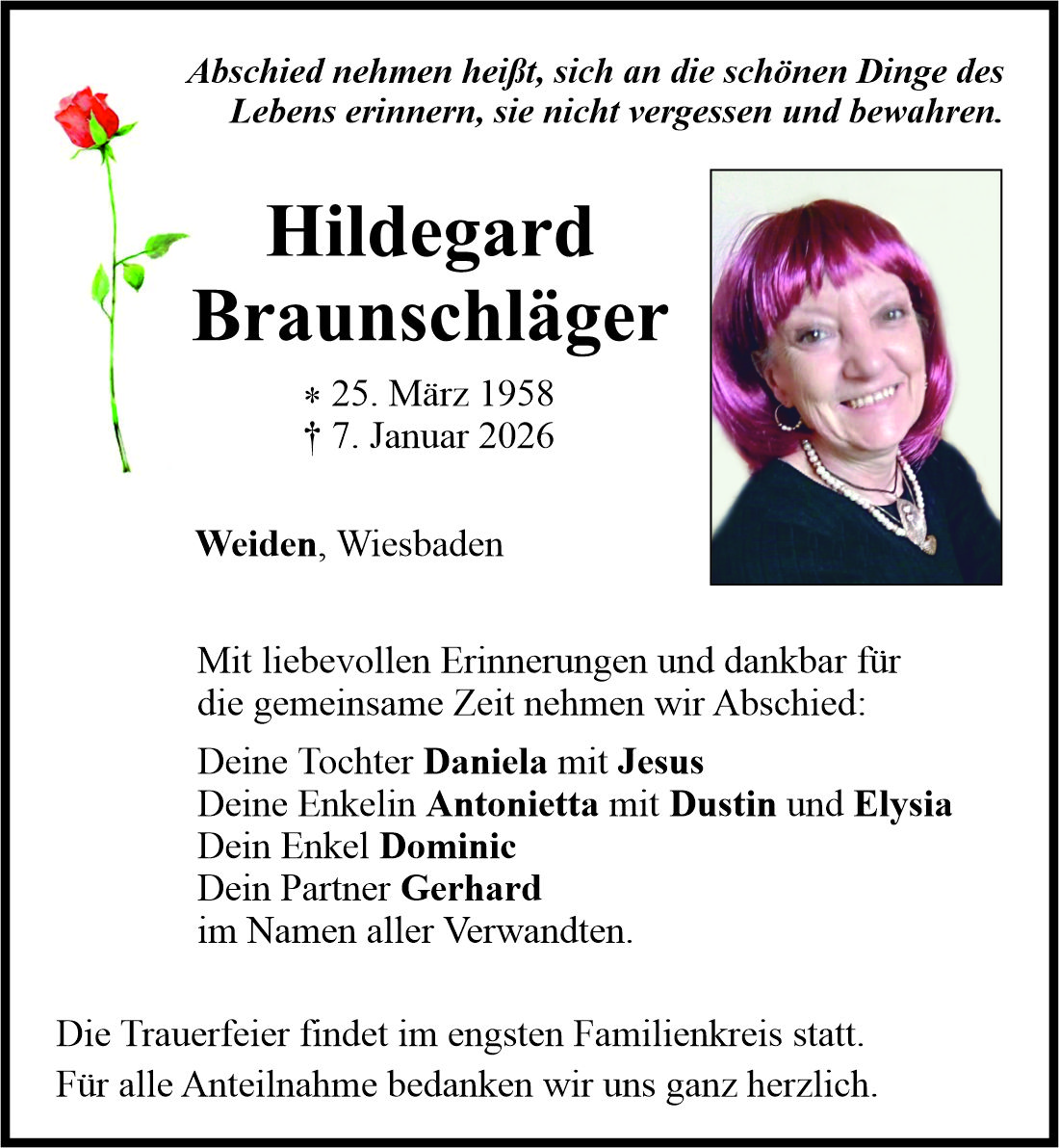 Traueranzeige Hildegard Braunschläger, Weiden