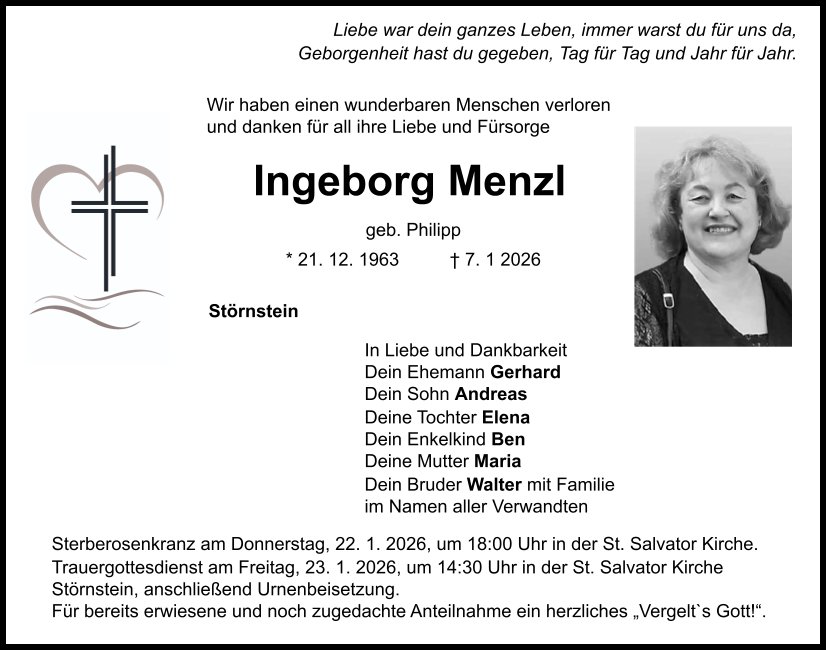 Traueranzeige Ingeborg Menzl, Störnstein
