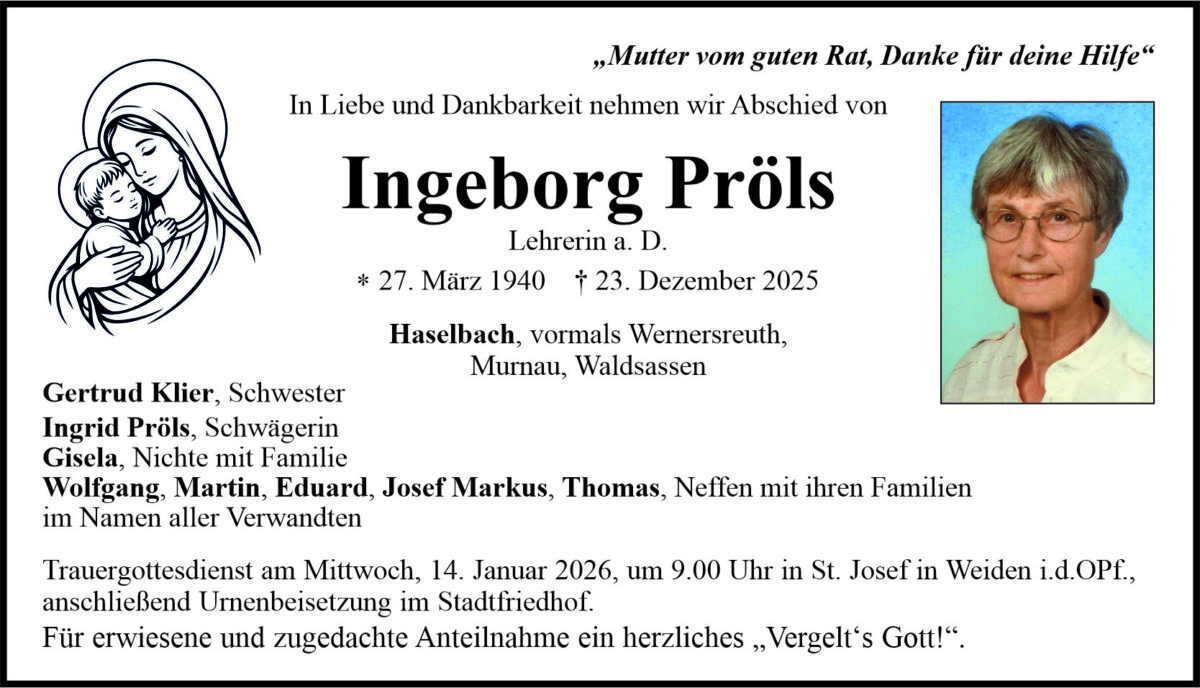 Traueranzeige Ingeborg Pröls, Haselbach