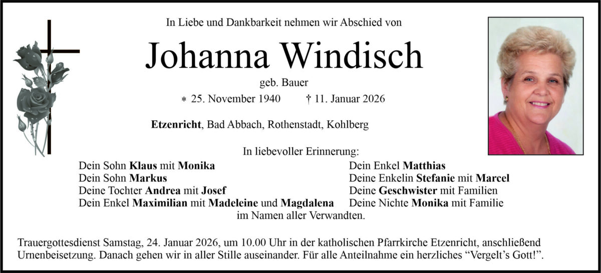 Traueranzeige Johanna Windisch, Etzenricht