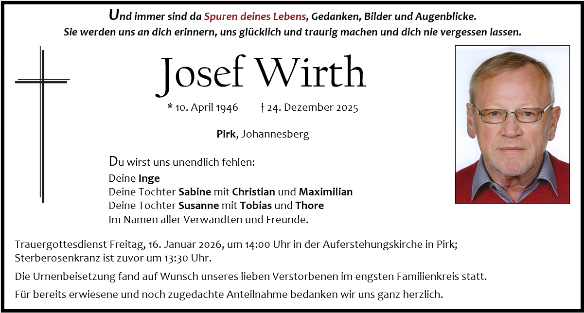 Traueranzeige Josef Wirth, Pirk