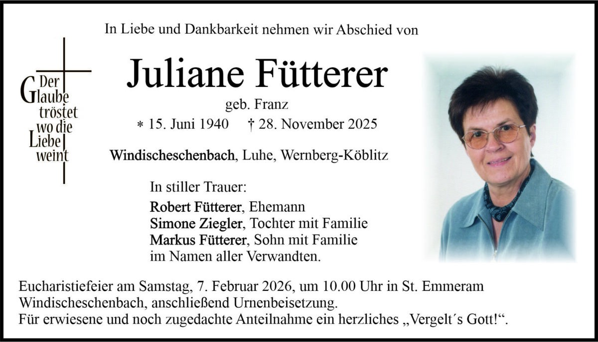 Traueranzeige Juliane Fütterer, Windischeschenbach