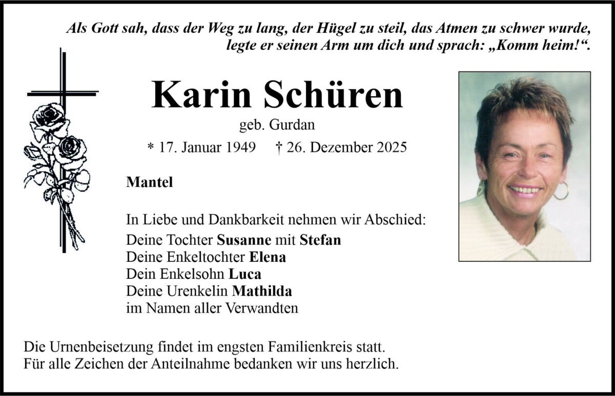 Traueranzeige Karin Schüren, Mantel