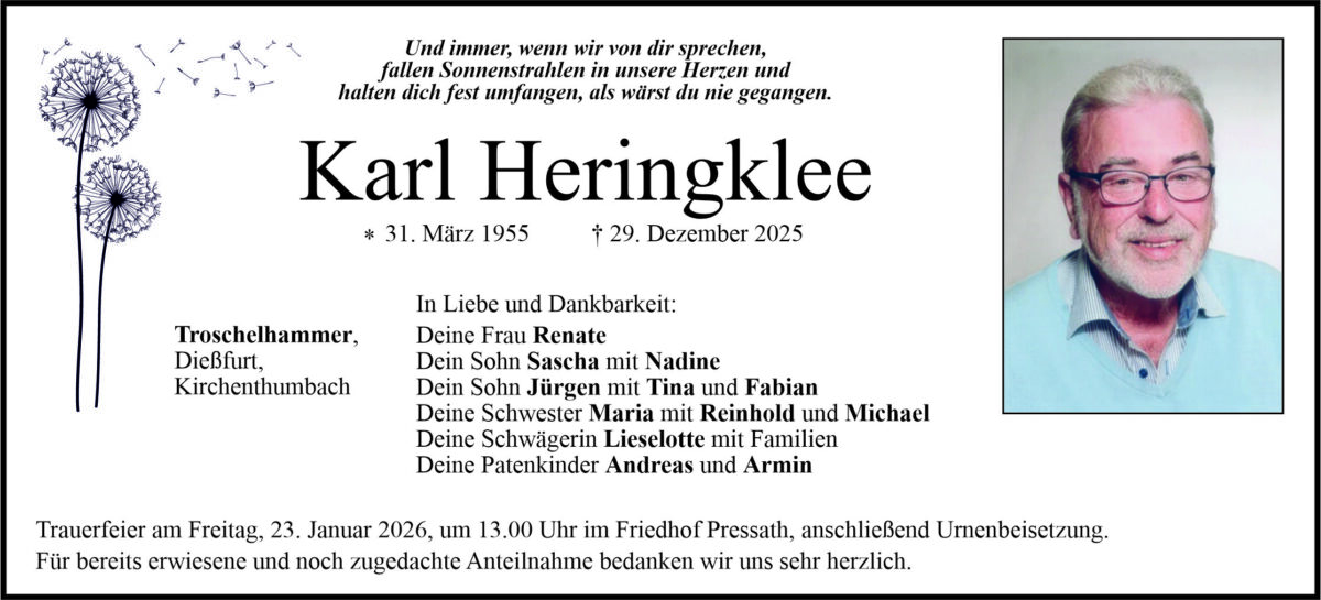 Traueranzeige Karl Heringklee, Troschelhammer
