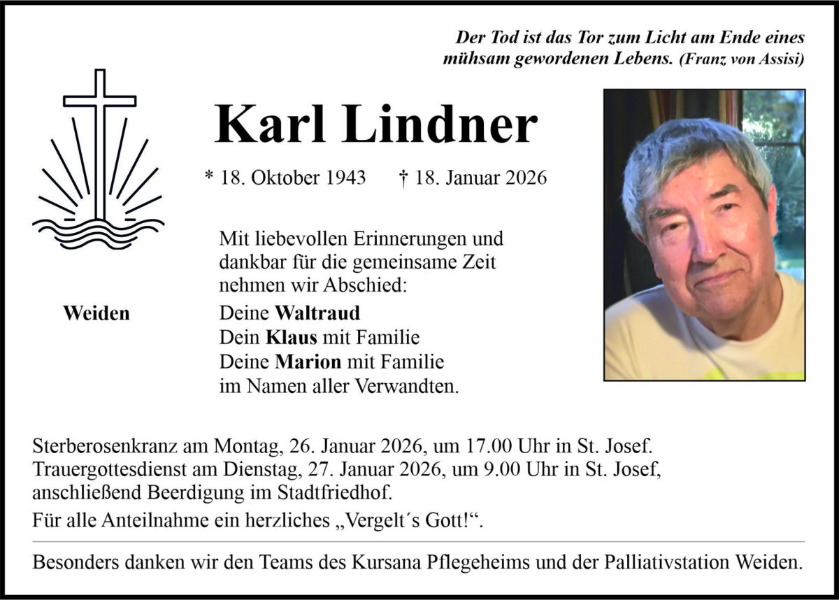 Traueranzeige Karl Lindner, Weiden