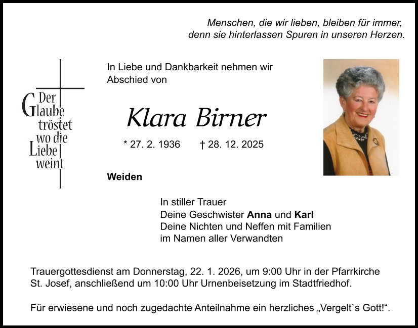 Traueranzeige Klara Birner, Weiden