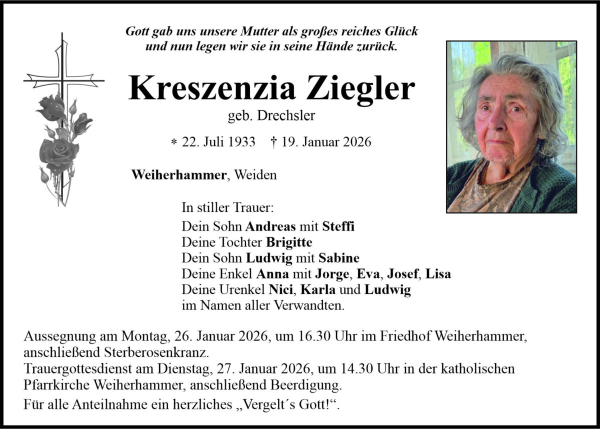 Traueranzeige Kreszenzia Ziegler, Weiherhammer