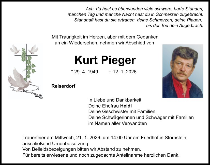 Traueranzeige Kurt Pieger, Störnstein