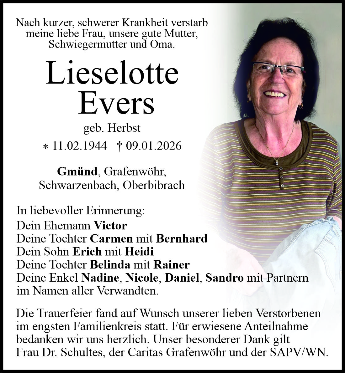 Traueranzeige Lieselotte Evers, Grafenwöhr