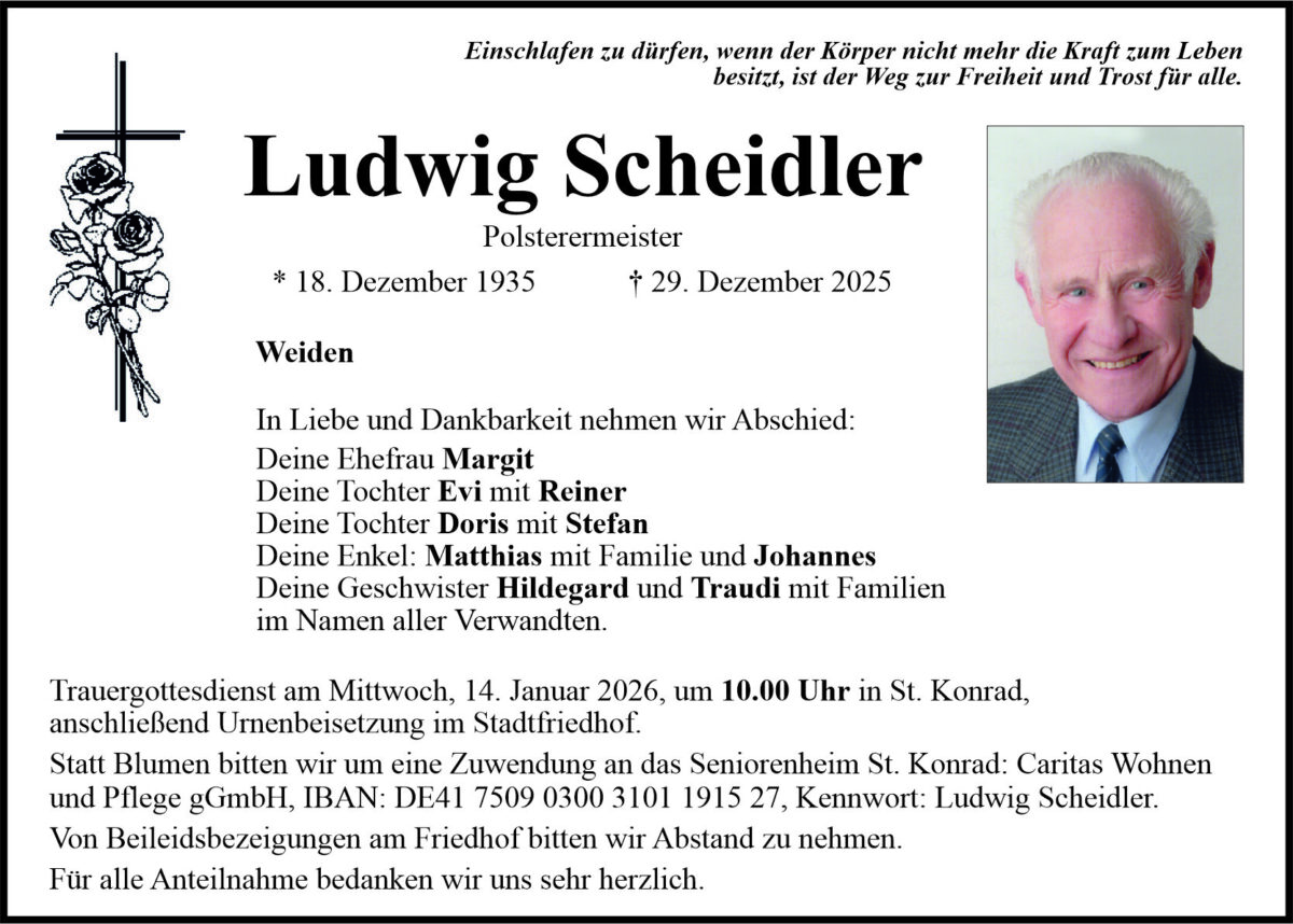Traueranzeige Ludwig Scheidler, Weiden