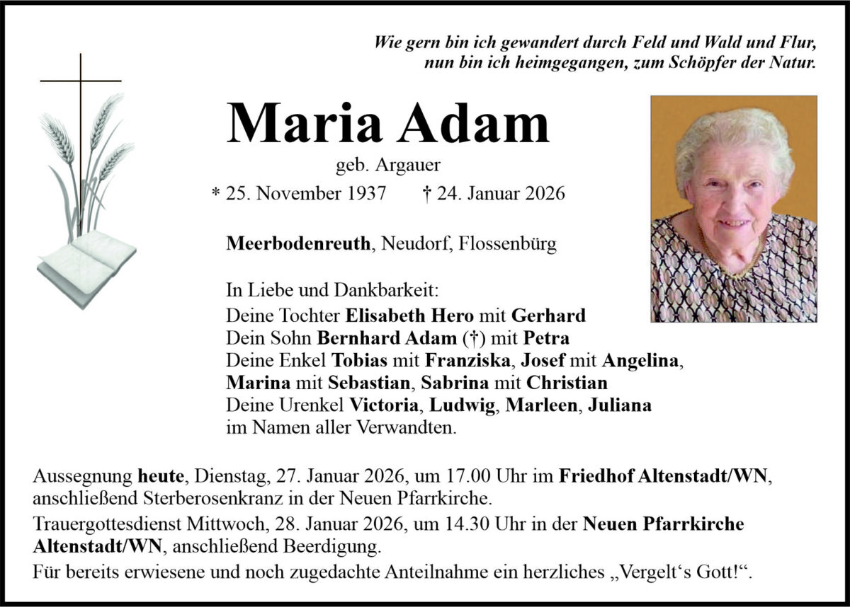 Traueranzeige Maria Adam, Meerbodenreuth