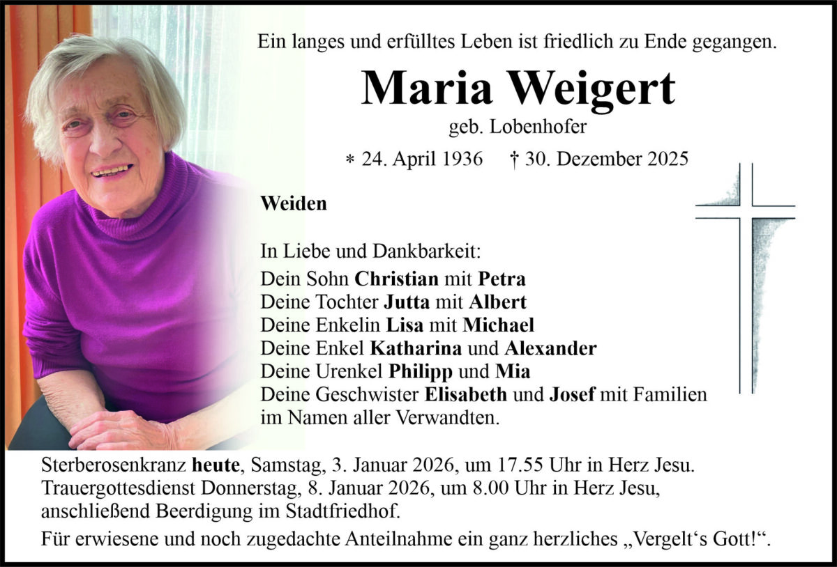 Traueranzeige Maria Weigert, Weiden
