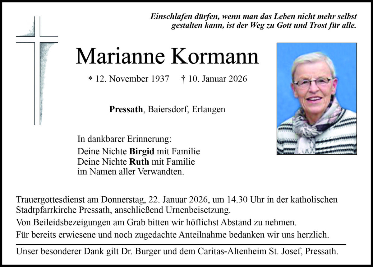 Traueranzeige Marianne Kormann, Pressath