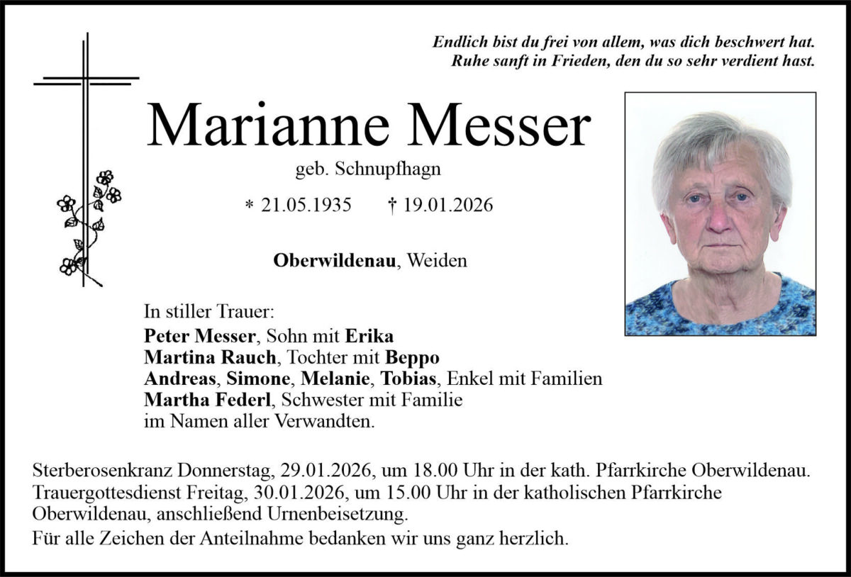 Traueranzeige Marianne Messer, Oberwildenau