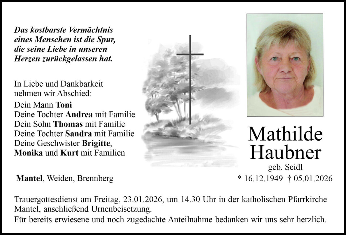 Traueranzeige Mathilde Haubner, Mantel